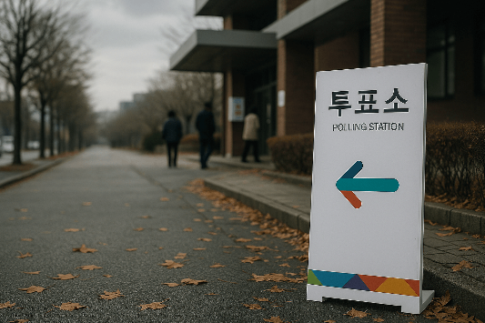 투표소 앞에 사람이 거의 없는 장면. 멀리 보이는 소수의 유권자와 텅 빈 거리. 흐린 하늘과 바람에 흩날리는 낙엽이 사회적 침묵과 무관심을 은유적으로 표현.
