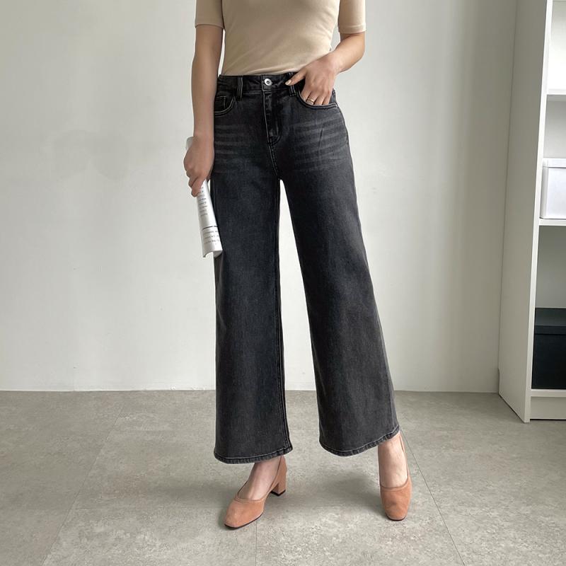 기모입고 와이드 청바지 밴딩 여성 블랙진 일자 통청바지 청통바지 흑청바지 스판 데님팬츠