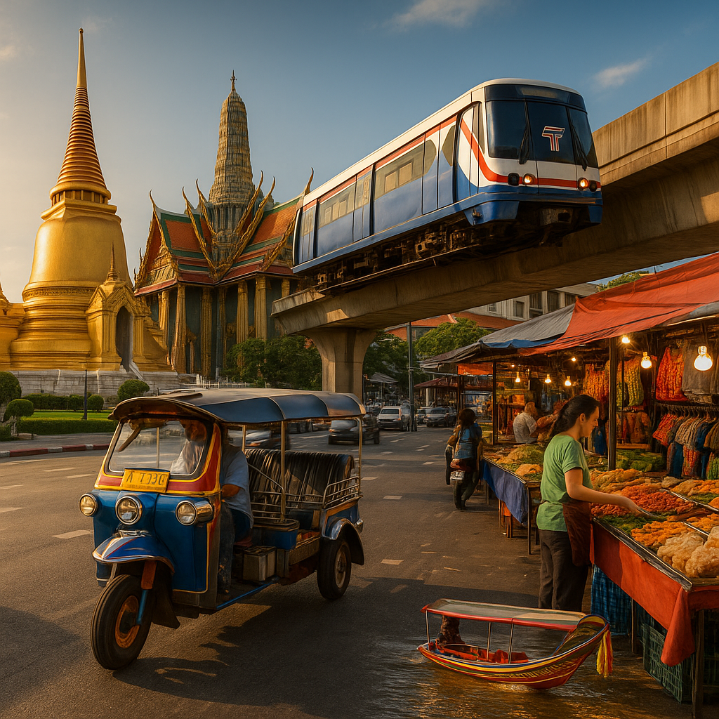 궁전과 사원, 스카이트레인, 툭툭, 시장, 강등 글의 주요 장면들