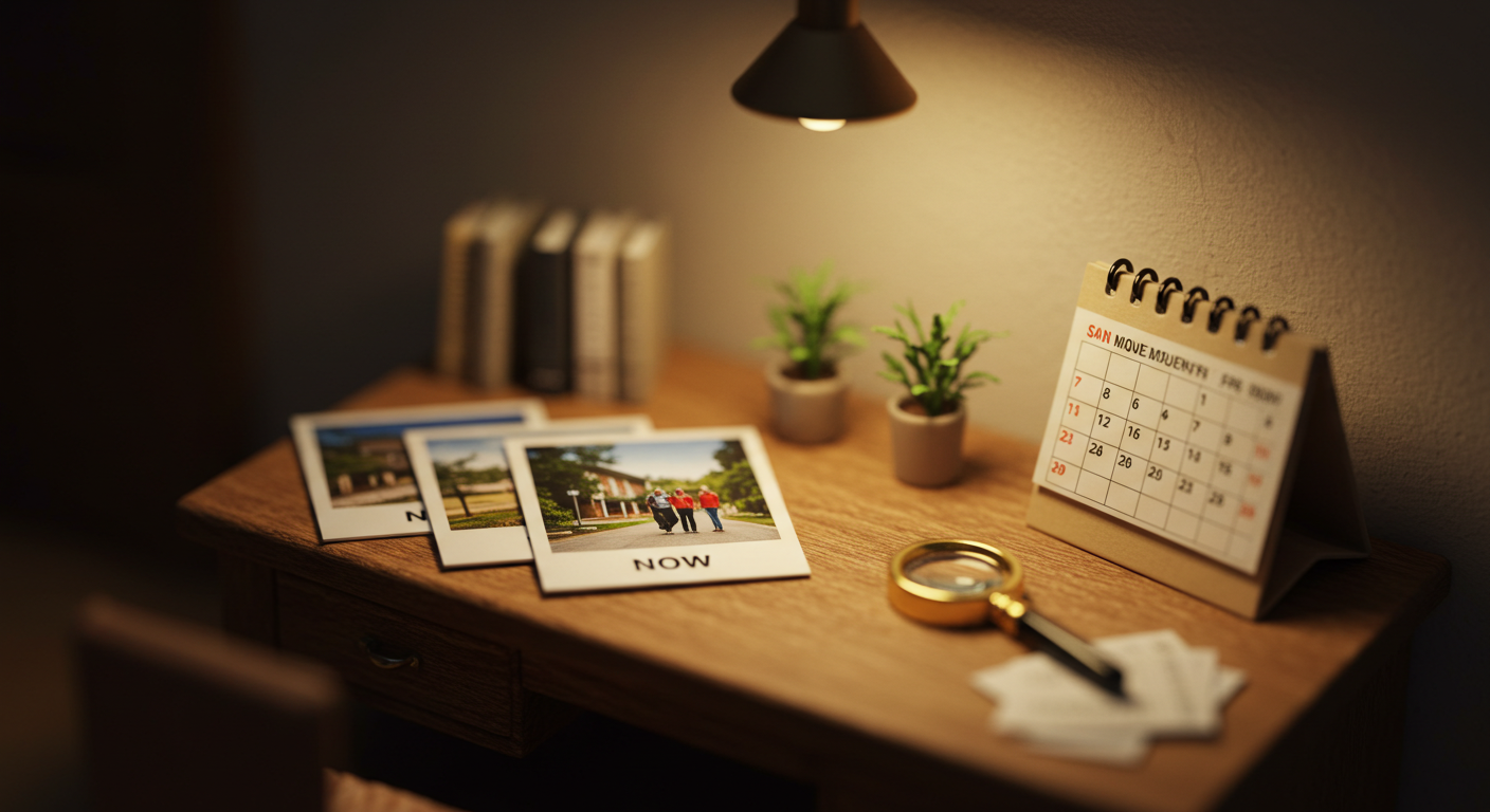 미니어처 사진 인화지와 작은 달력, 돋보기, 네임 태그를 틸트쉬프트로 촬영해 10년 뒤 얼굴 예측을 상징한 장면