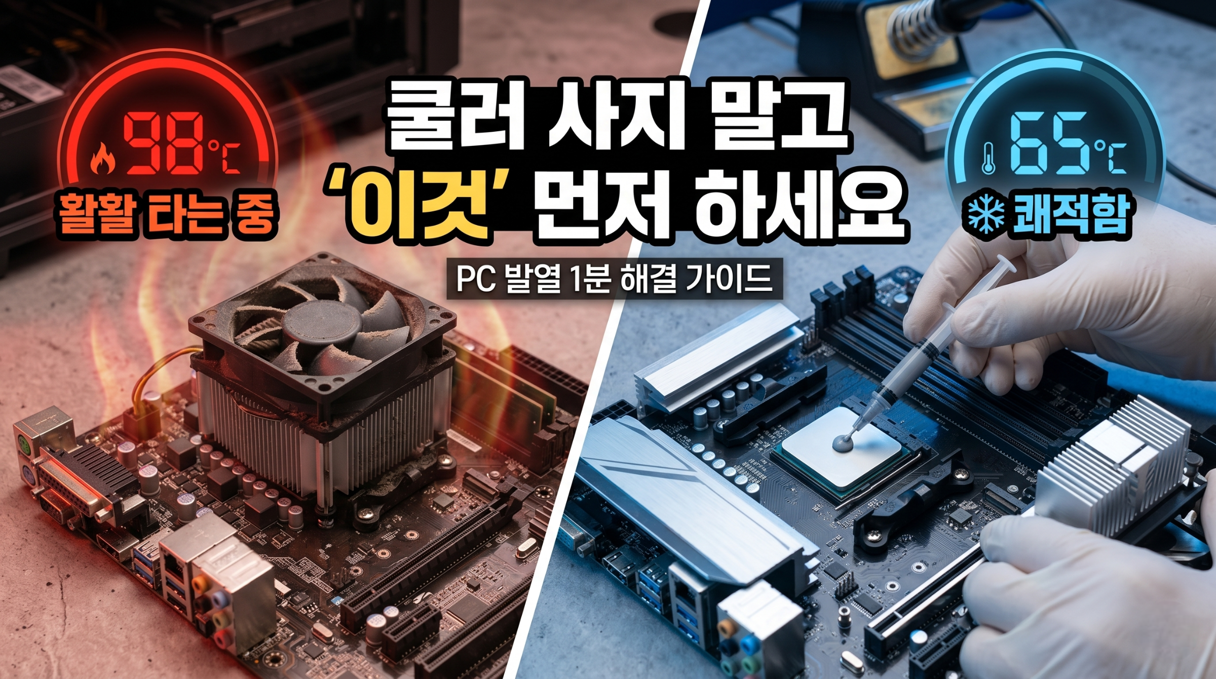 컴퓨터 내부의 말라붙은 서멀 구리스와 먼지가 쌓인 쿨링 팬을 대비하여 보여주는 PC 발열 원인 분석 및 유지보수 가이드 썸네일 이미지.