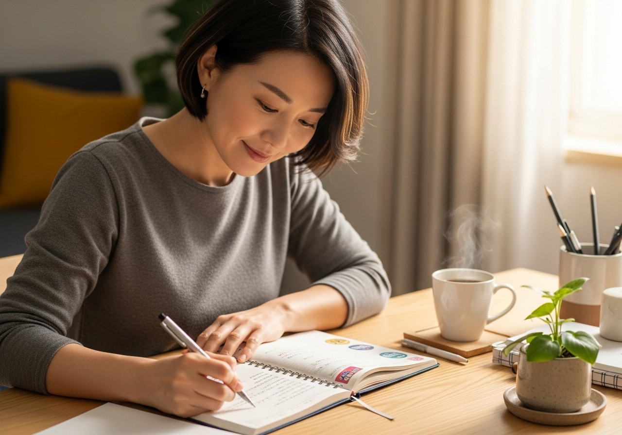 50대 한국인 여성이 플래너에 기록하는 모습