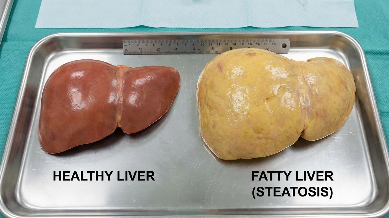 건강한 간(Liver)과 지방이 과도하게 쌓인 지방간을 의학적으로 비교하는 사진