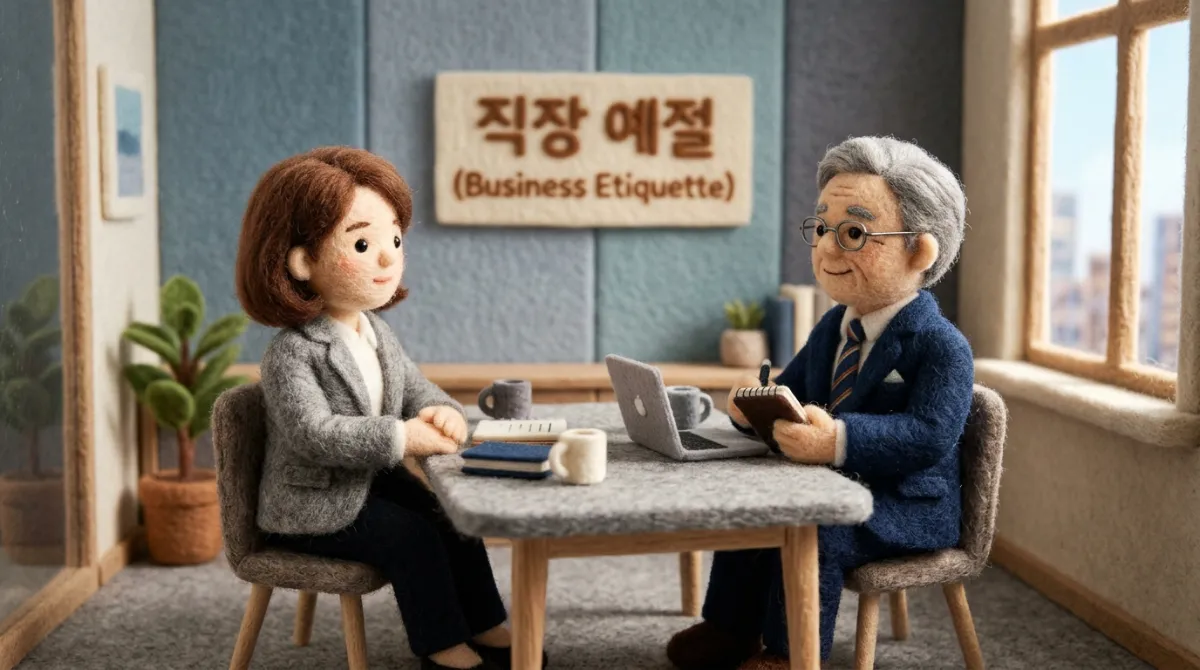 니들 펠트 양모 인형으로 표현한 직장 예절 - 회의실에서 정중하게 대화하는 상사와 직원