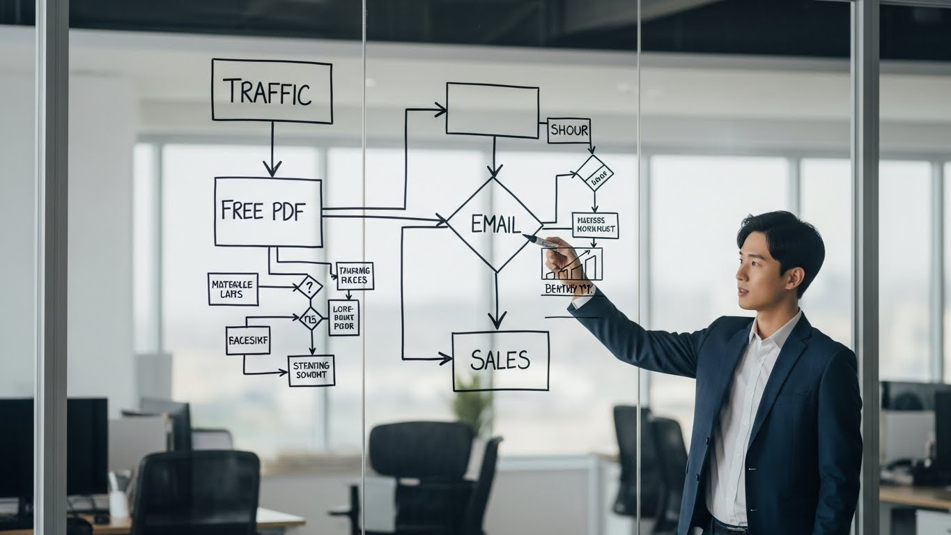 무료 미끼 상품을 통해 잠재 고객을 모으고 유료 판매로 연결하는 자동화 수익 퍼널 구조도