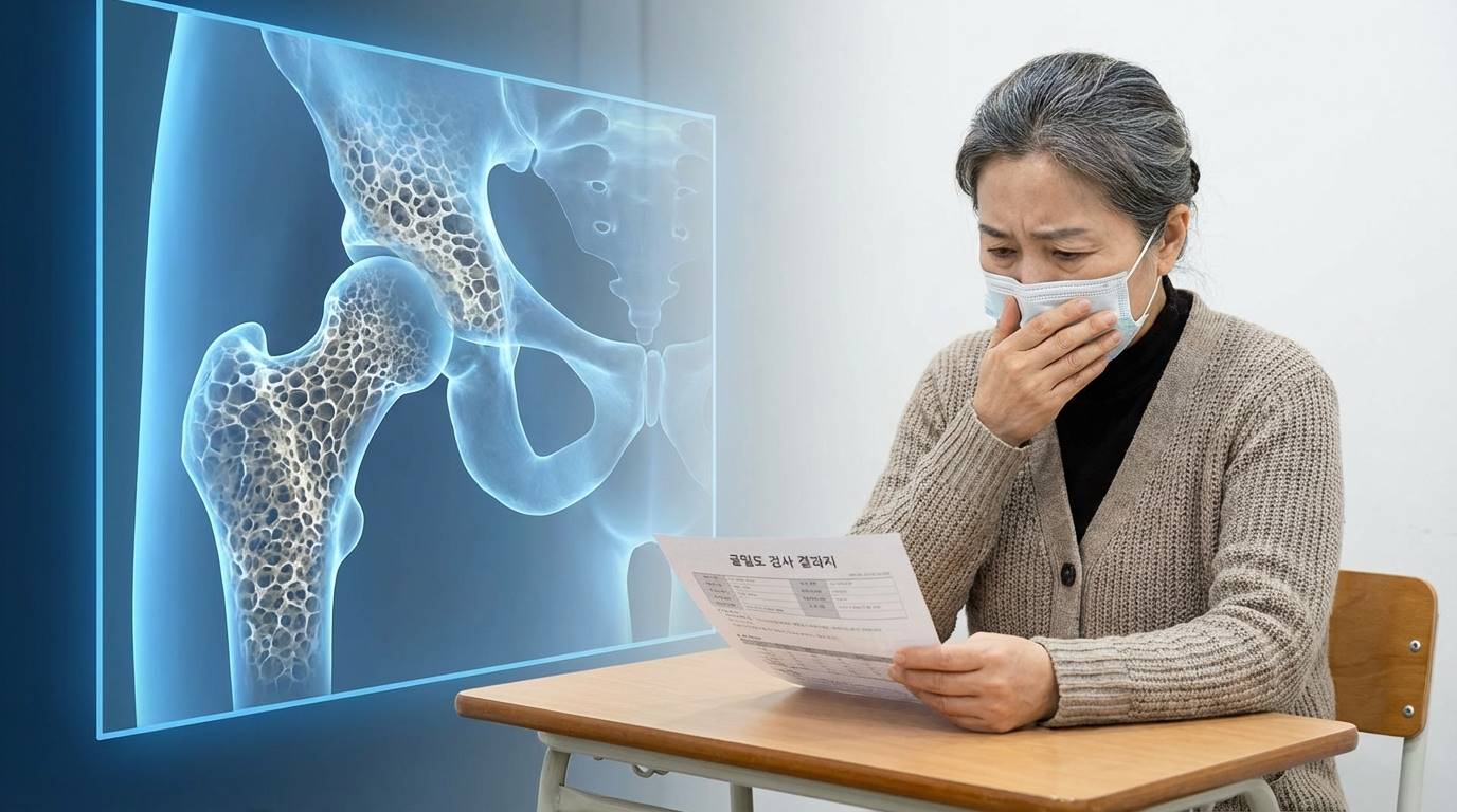 갱년기 여성이 걱정스러운 표정으로 골밀도 검사 결과지를 보고 있는 모습, 뒤편에 뼈 구조가 시각화되어 있음