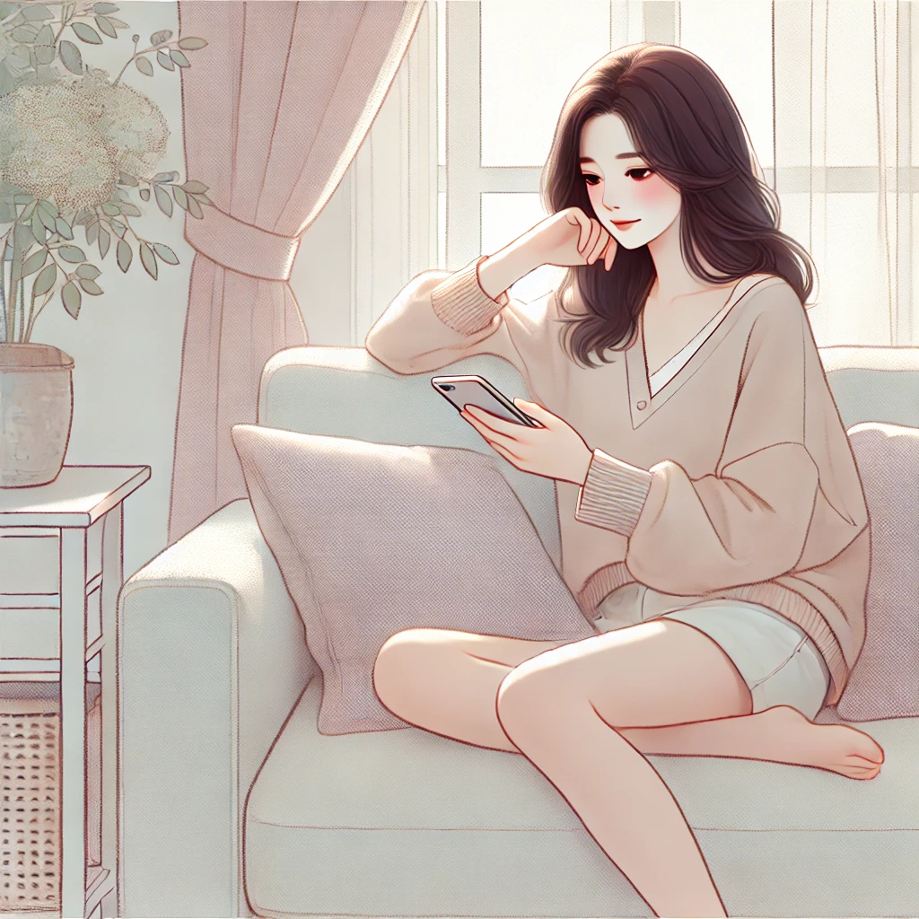 소파에 앉아 핸드폰을 들고 생각에 잠긴 여성, 연애 고민을 상징