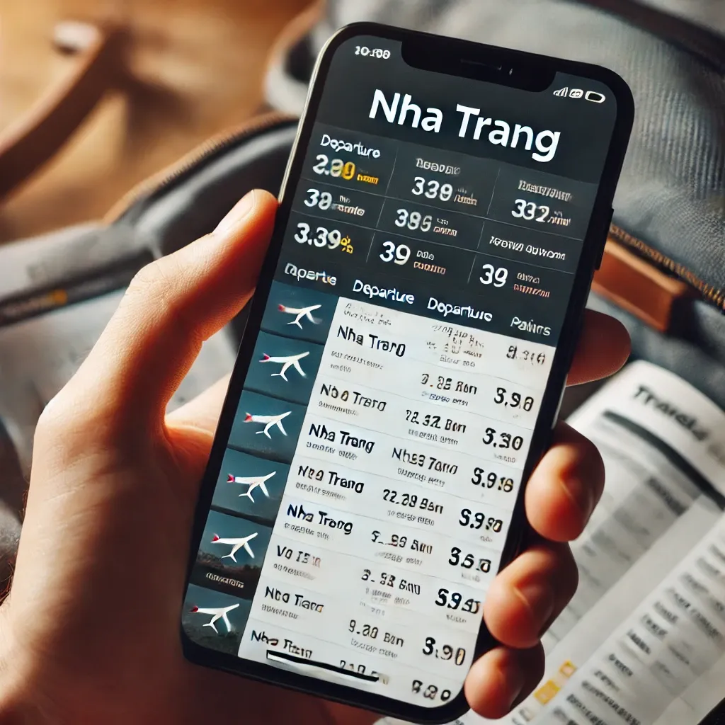 나트랑 항공편 선택 화면을 보여주는 스마트폰을 들고 있는 손의 모습.