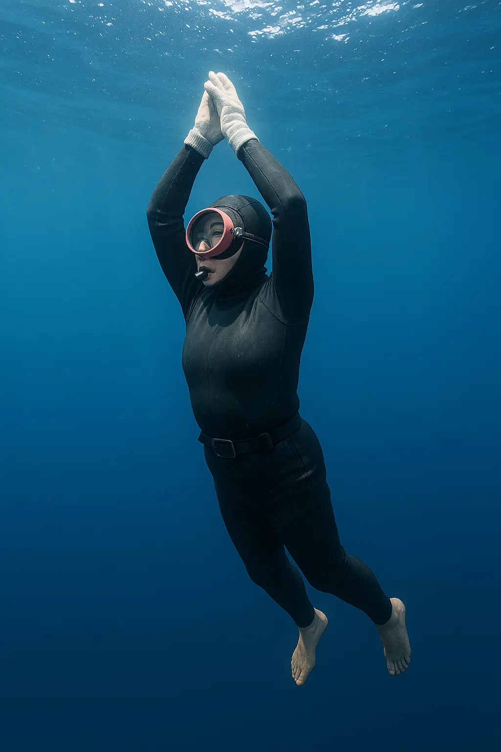 Jeju haenyeo diving in deep sea 제주 해녀가 맨몸으로 바닷속에 잠수하는 모습