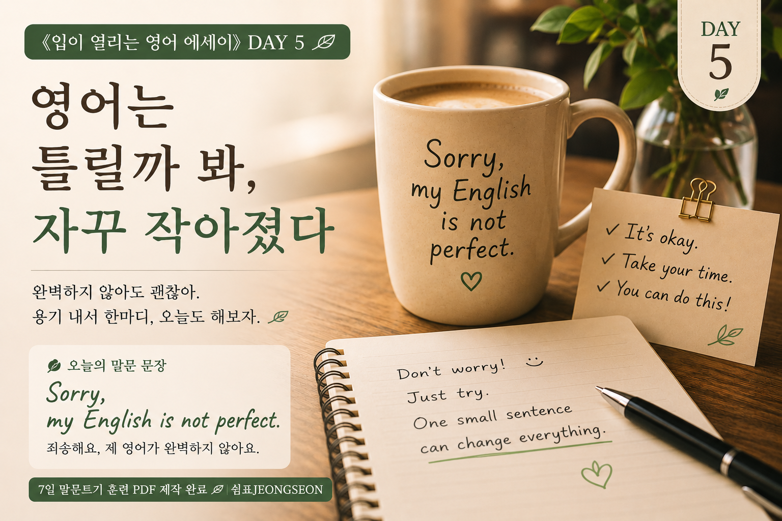 ALT
따뜻한 카페 분위기의 테이블 위에 머그컵과 노트가 놓여 있는 감성 영어 썸네일 이미지.
머그컵에는 “Sorry, my English is not perfect.” 문장이 적혀 있고, 노트에는 영어를 두려워하지 말자는 응원 문장이 손글씨처럼 적혀 있다.
영어가 틀릴까 봐 작아졌던 마음을 담은 《입이 열리는 영어 에세이》 DAY 5 이미지.