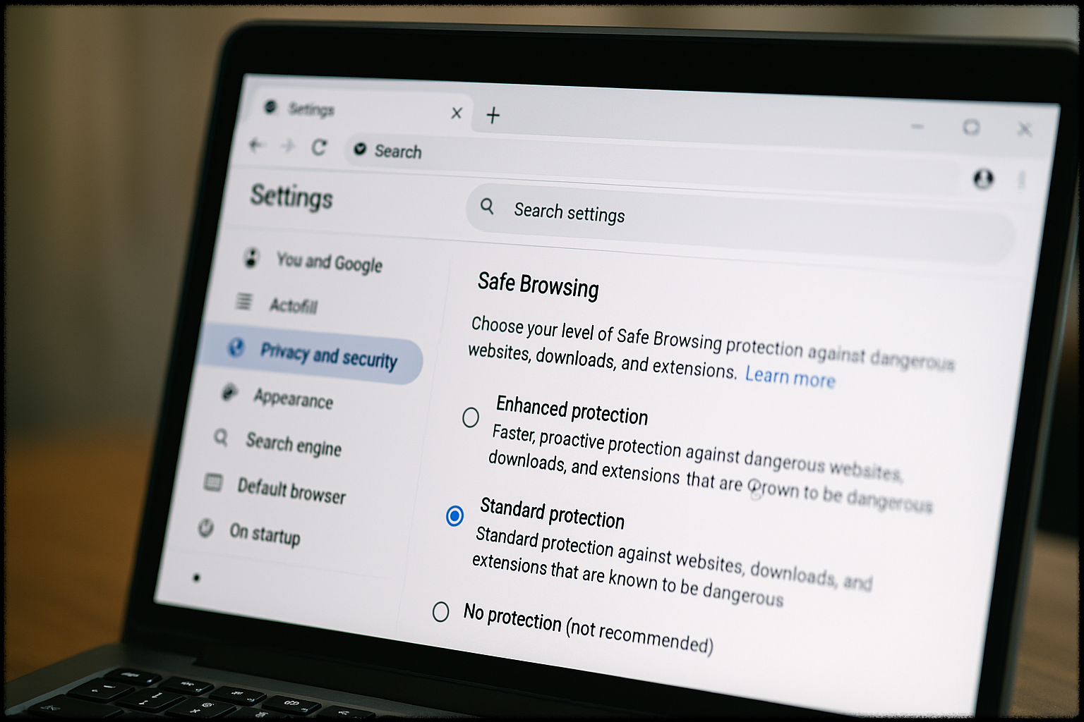 크롬 브라우저 설정 화면에서 개인정보 보호 및 보안 옵션을 설정하는 장면