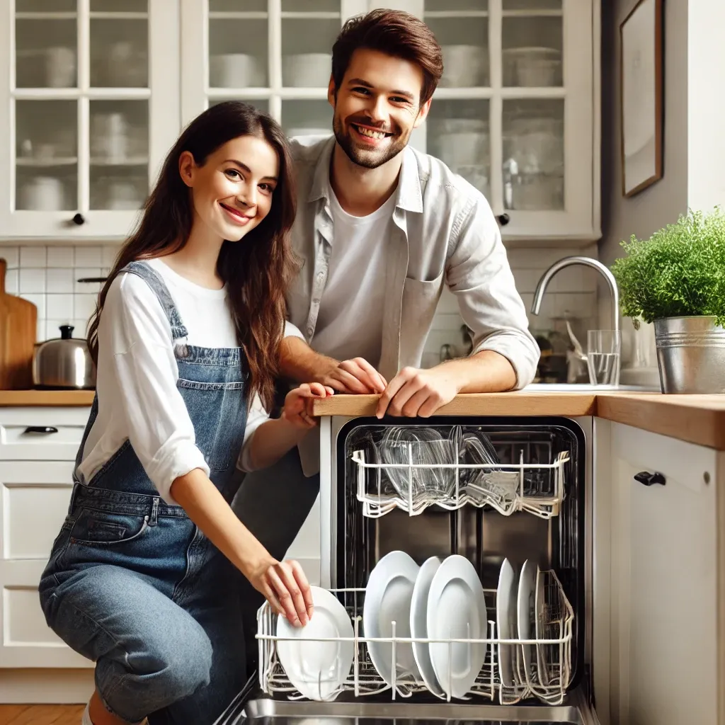 신혼부부가 신혼집에서 식기세척기를 사용하며 만족하는 모습