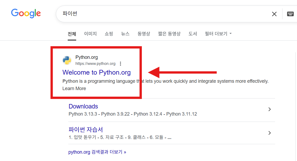 방법 3: 검색 결과에서 Python.org 찾기