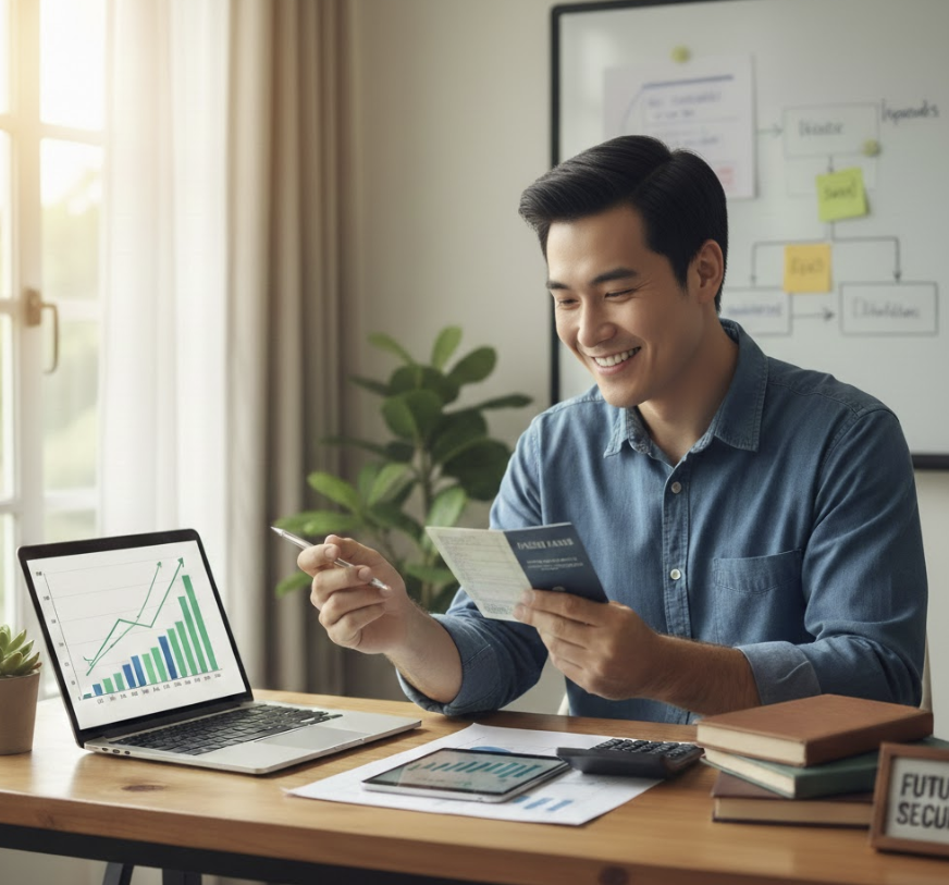 통장을 보며 자산을 정리하는 남성 모습
