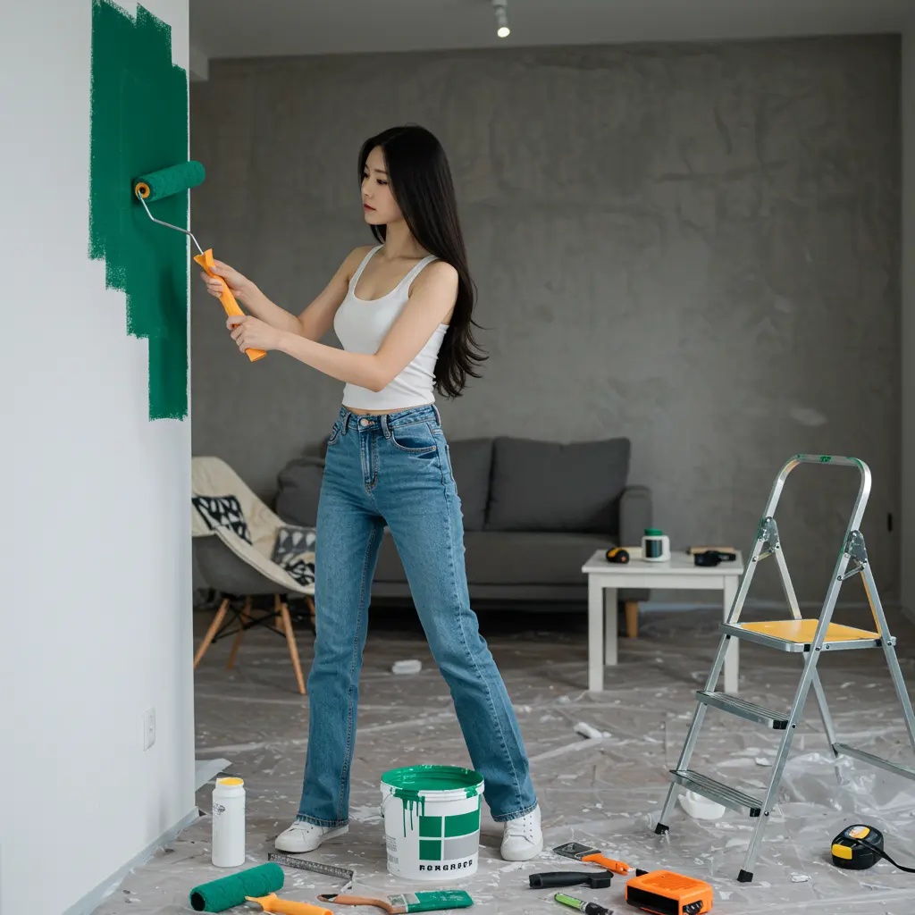 ๋ฒฝ์ ํ์ธํธ๋ฅผ ์น ํ๊ณ ์๋ ์ฌ์ฑ ์ด๋ฏธ์ง