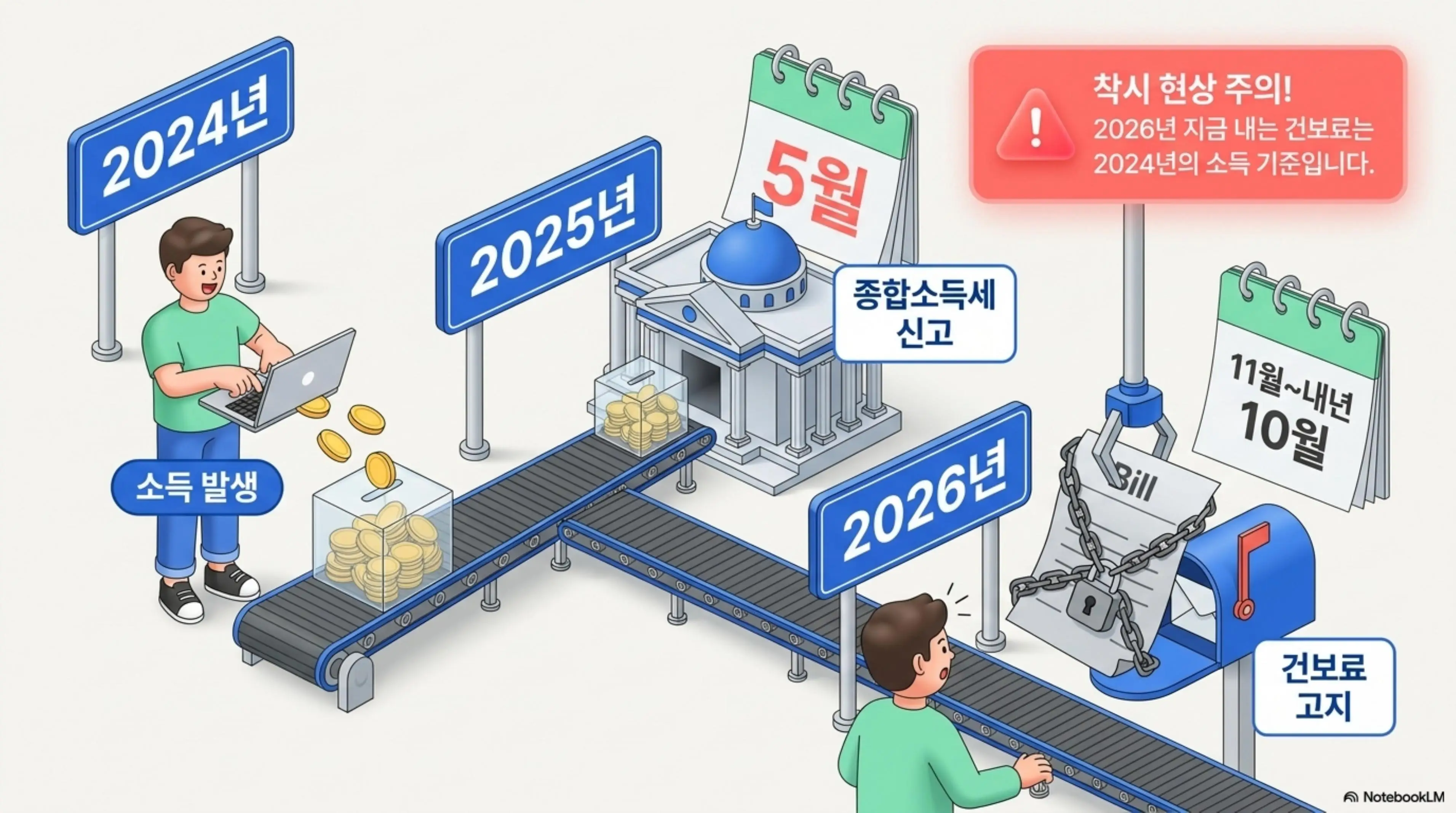 지역가입자 건강보험료의 소득 반영 시차를 컨베이어벨트로 표현한 인포그래픽. 2024년 소득 발생부터 2025년 5월 종합소득세 신고를 거쳐 2026년 11월부터 다음 해 10월까지 건보료 고지서에 반영되는 흐름을 시각적으로 설명함