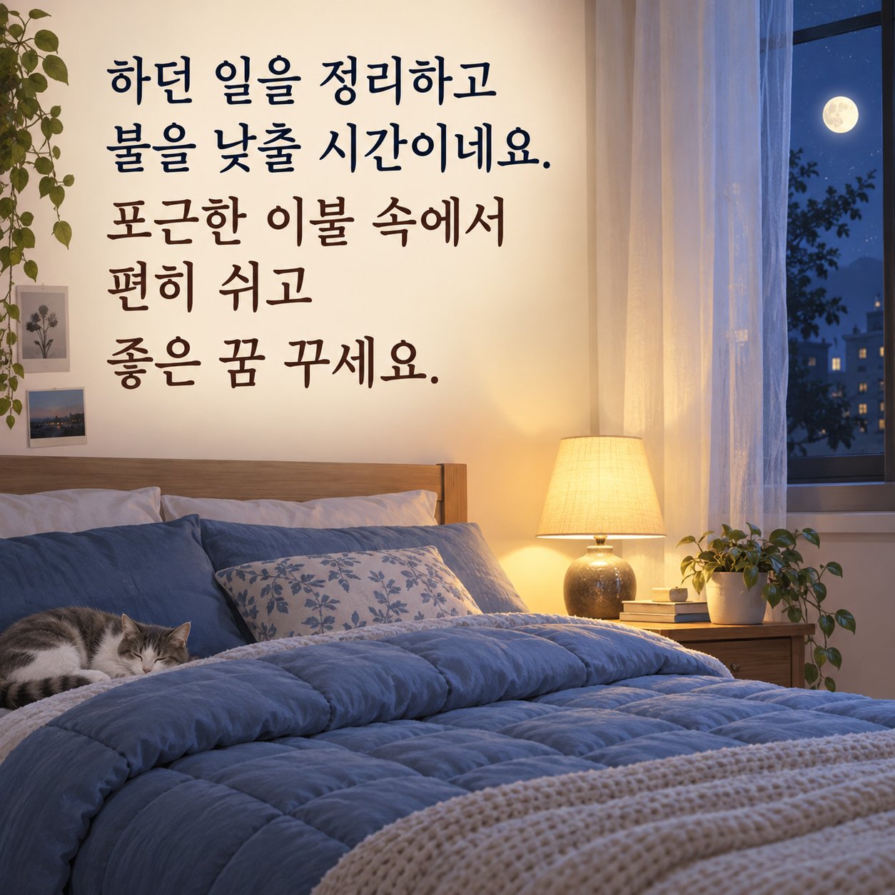잠들기 전 편안한 밤 인사 이미지 28 — 하던 일을 정리하고 불을 낮출 시간이네요. 포근한 이불 속에서 편히 쉬고 좋은 꿈 꾸세요.