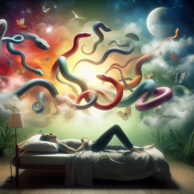 꿈 속에서 형형색색의 구름과 뱀들이 떠오르는 장면입니다.