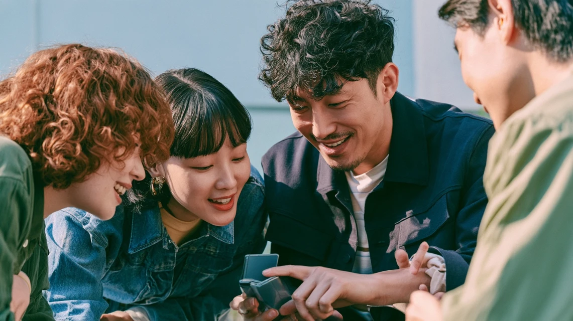 새 스마트폰을 보여주며 웃는 사람과 반가워하는 친구들