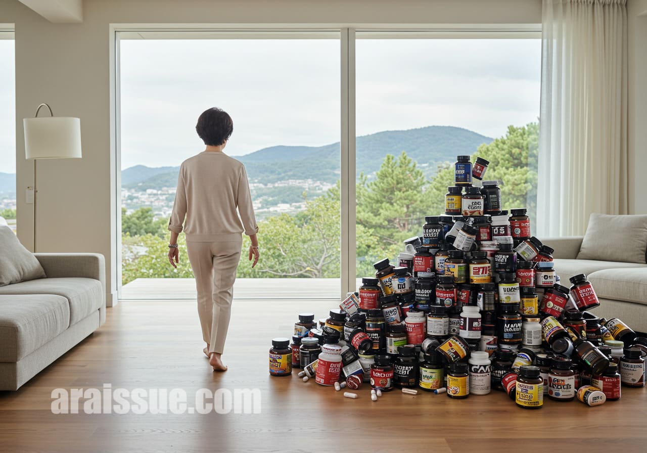 넘쳐나는 영양제 병을 떠나고 있는 50대 한국 여성. 큰 창문을 통해 자연광이 들어오는 현대적인 거실 배경에서 장기적인 과다 복용의 위험성을 상징적으로 표현합니다.