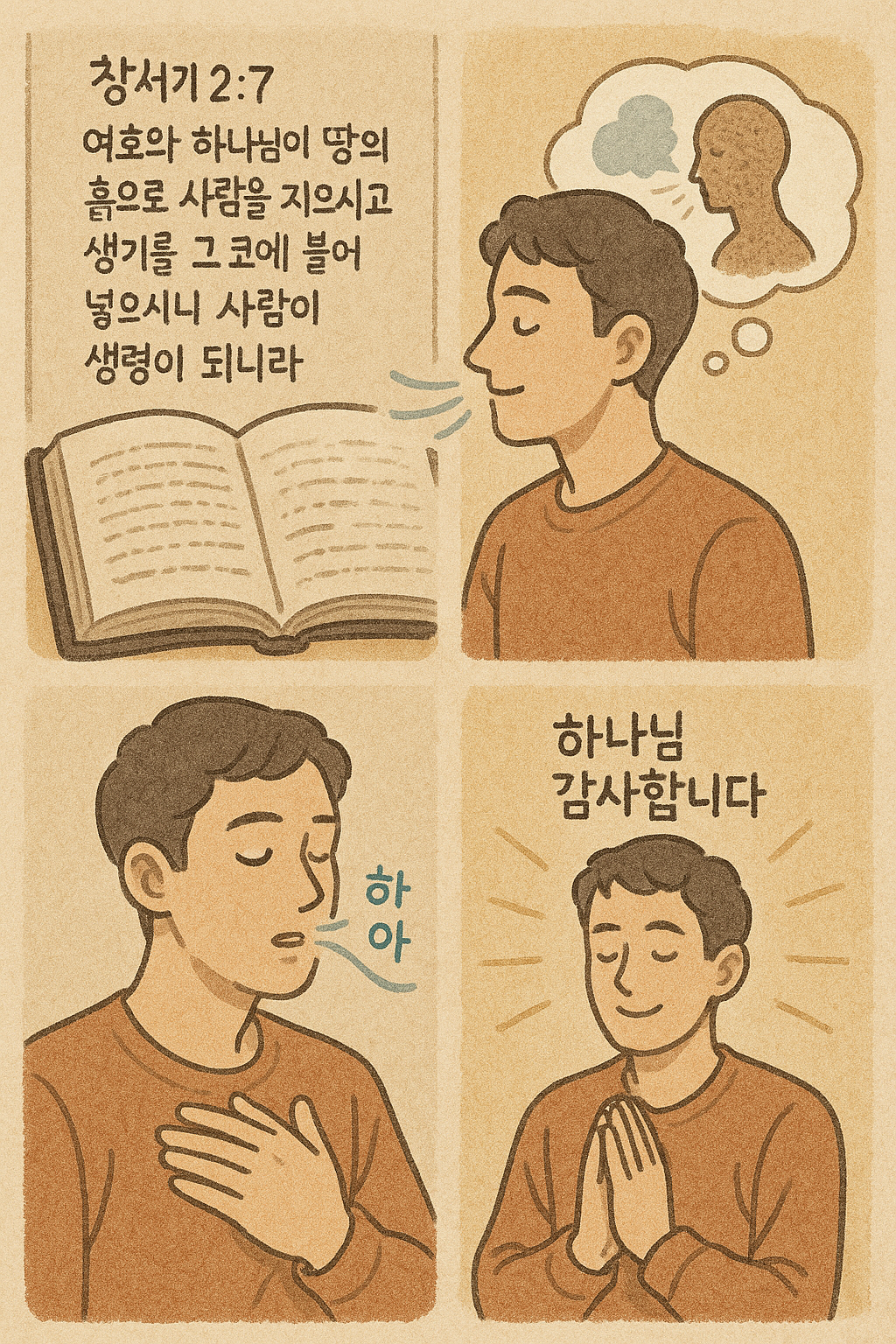 Here is the illustration depicting your reflection on Genesis 2:7&mdash;acknowledging that you are formed from dust and given life through God's breath, practicing mindful breathing, and expressing gratitude to God multiple times. Let me know if you'd like any adjustments! 🙏✨