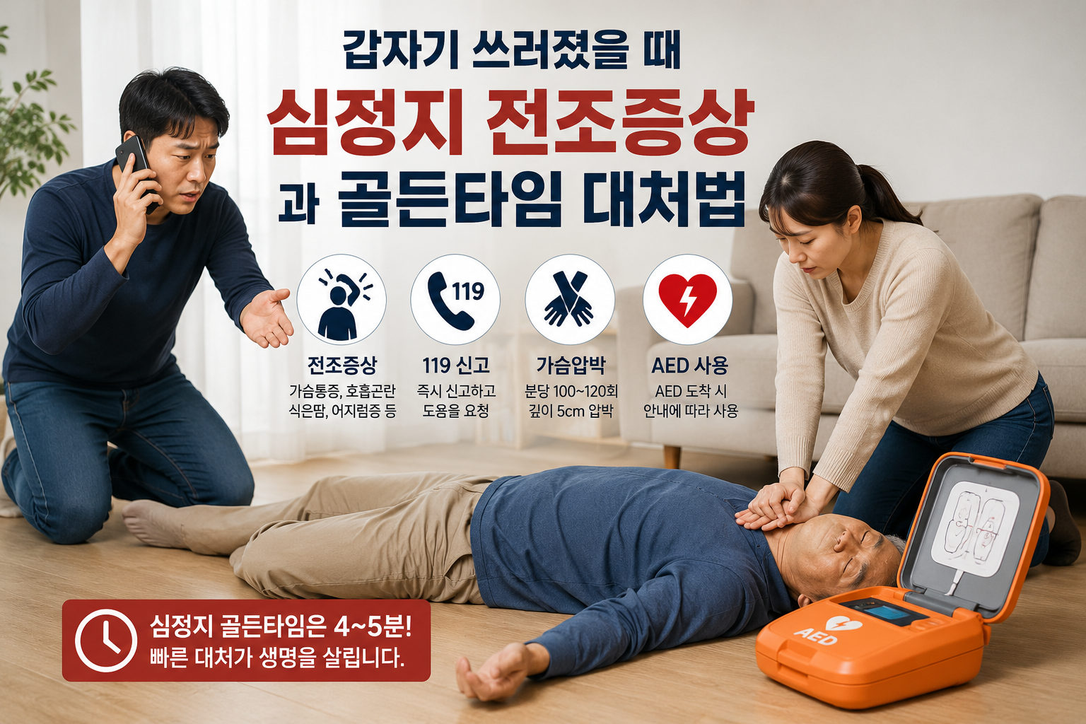 갑자기 쓰러진 사람에게 심정지 여부를 확인하고 119 신고와 심폐소생술을 준비하는 응급상황 모습