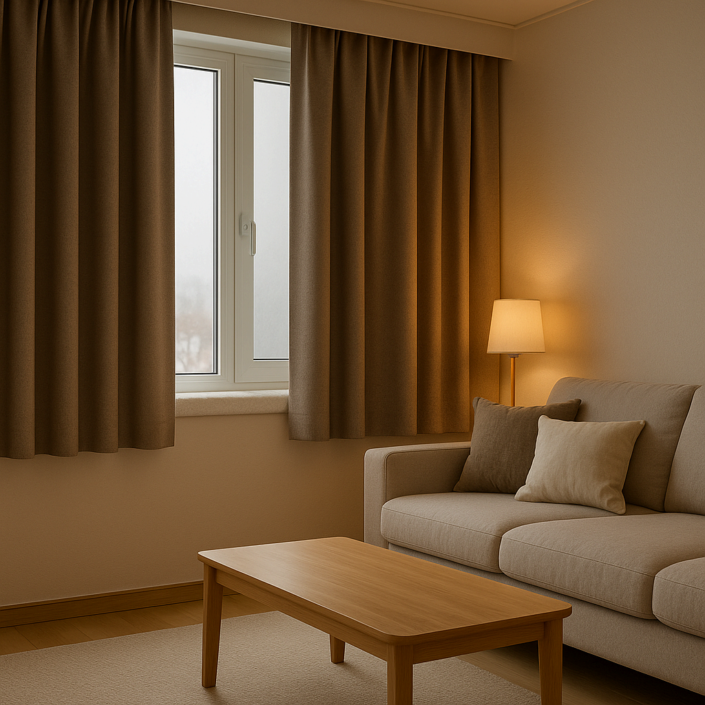 겨울철 창문에 암막 커튼과 단열재를 설치한 모습