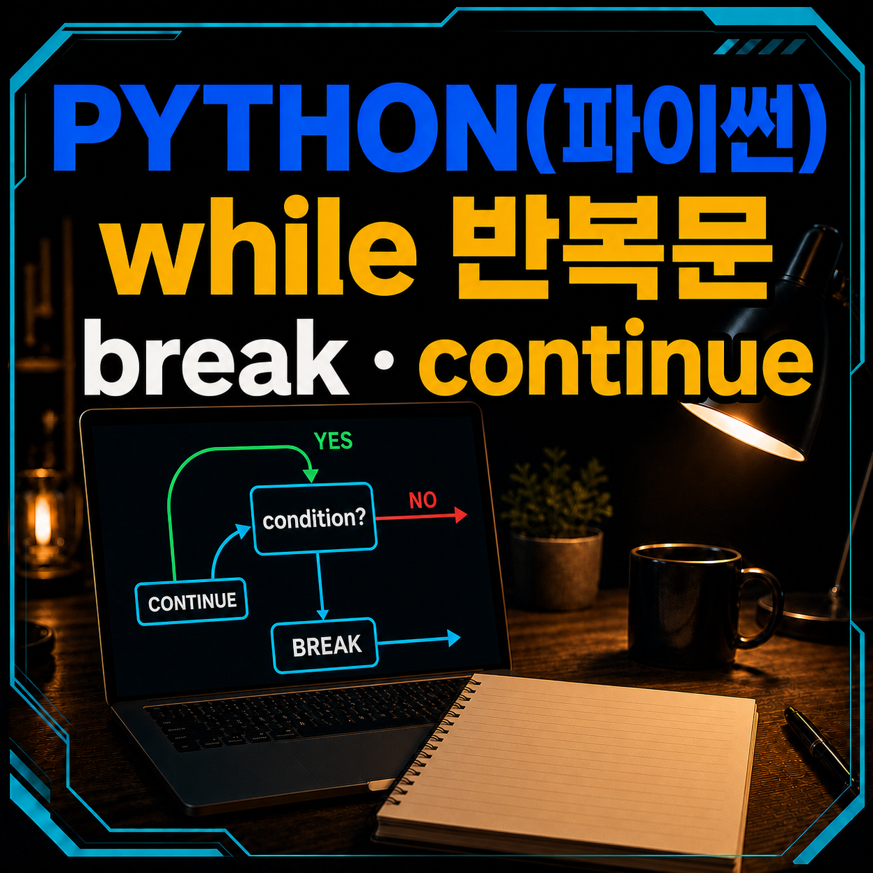 파이썬 while 반복 흐름과 break 및 continue 갈림길을 표현한 코딩 책상 썸네일