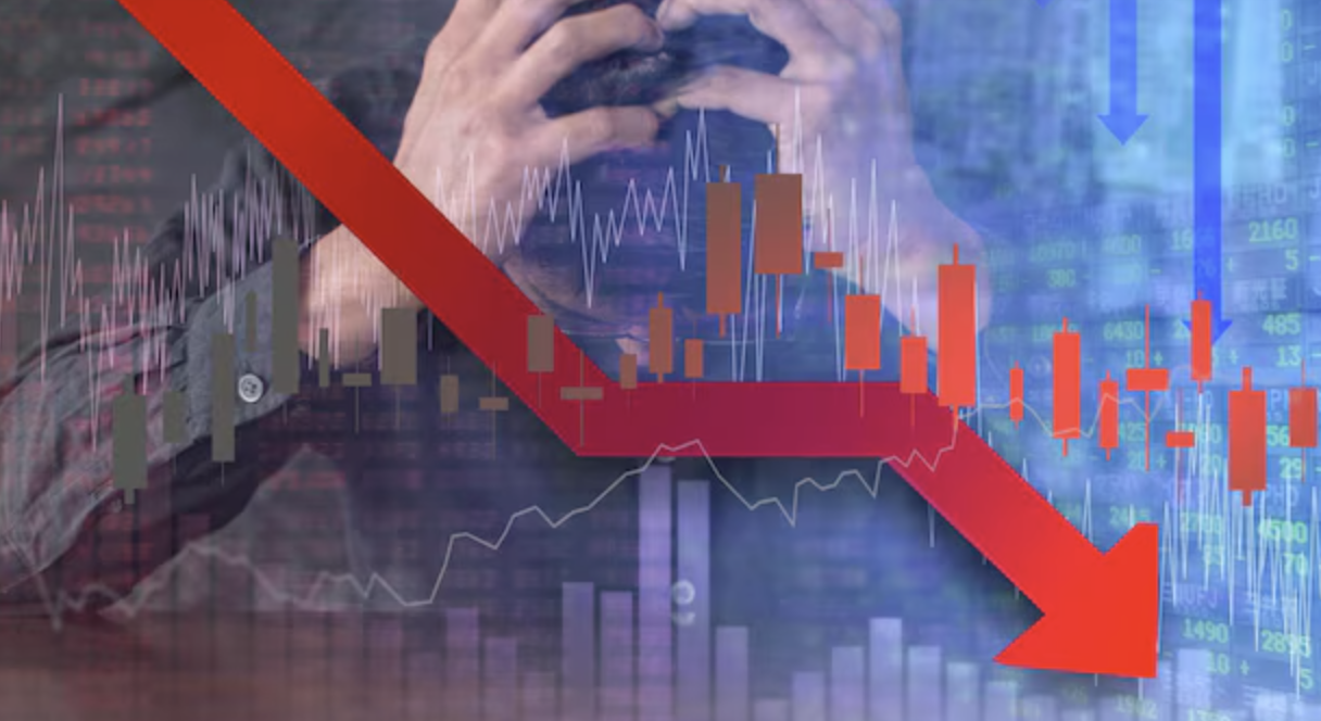 하락 하는 주식 그래프와 절망하는 사람의 합성 이미지