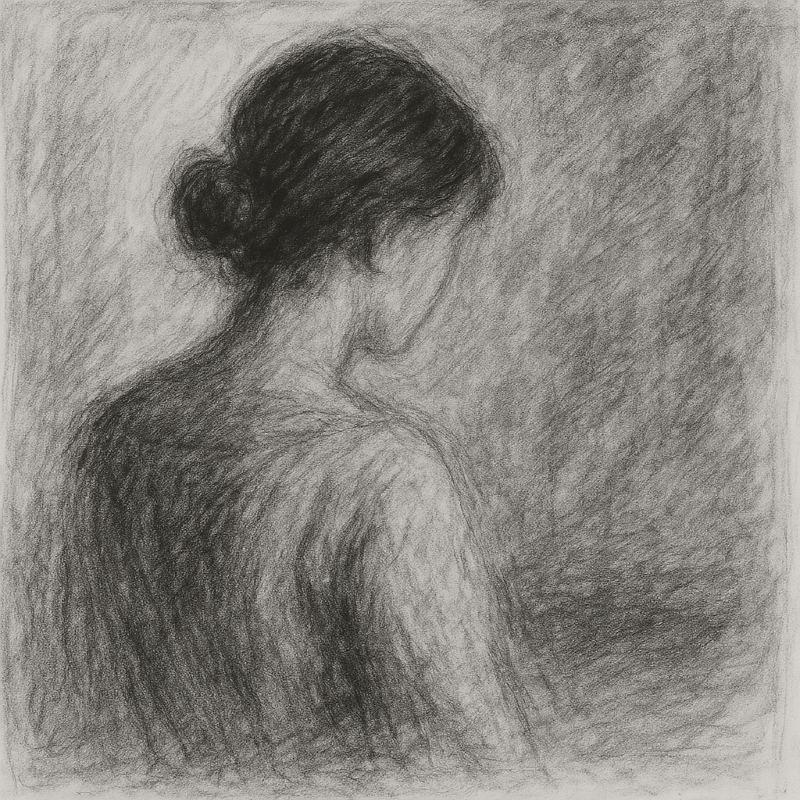 흑백톤의 추상적인 목탄 드로잉으로, 황인숙 시인의 「꿈」이 지닌 몽환적이면서도 애틋한 감정의 깊이를 시각적으로 표현했습니다. 인물을 뒷모습으로 구성하여 익명성과 보편성을 부여했으며, 강약 조절이 섬세한 선과 번짐 효과를 통해 감정의 흐릿한 경계와 시간의 흐름을 상징적으로 나타냅니다