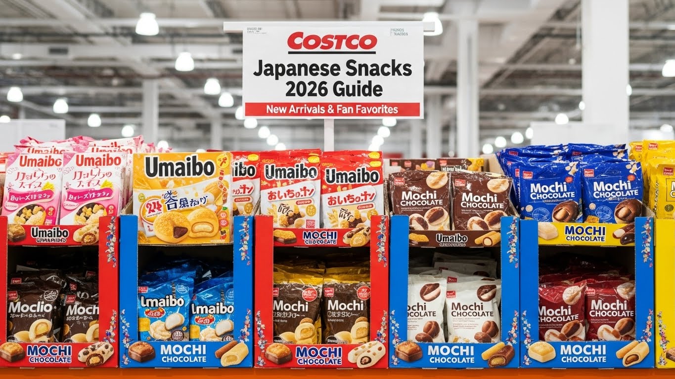 코스트코 매대에 진열된 우마이봉, 모찌초콜릿 등 다양한 일본 과자 제품들이 한데 모여 있는 모습