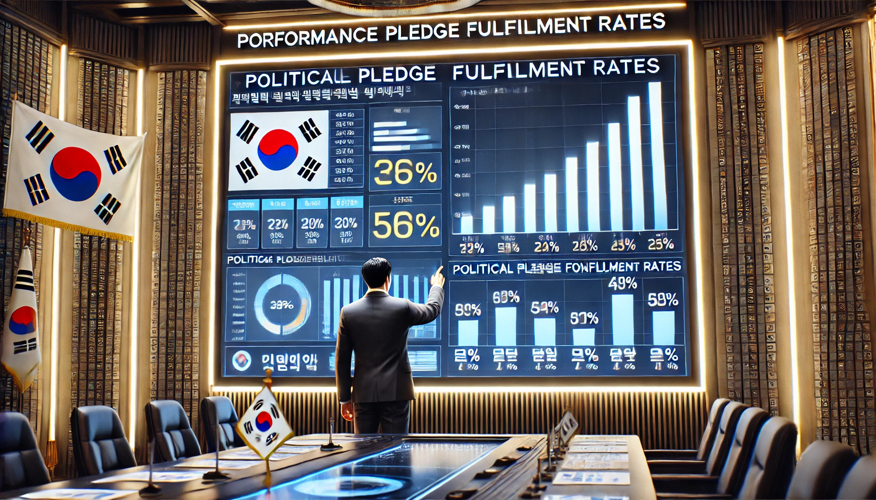 공약 이행률 비교 그래프를 설명하는 정장 차림의 남성, 배경은 정책 발표용 회의실