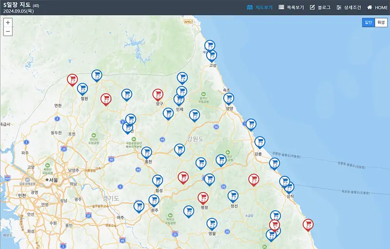 강원지역 오일장 지도 바로가기