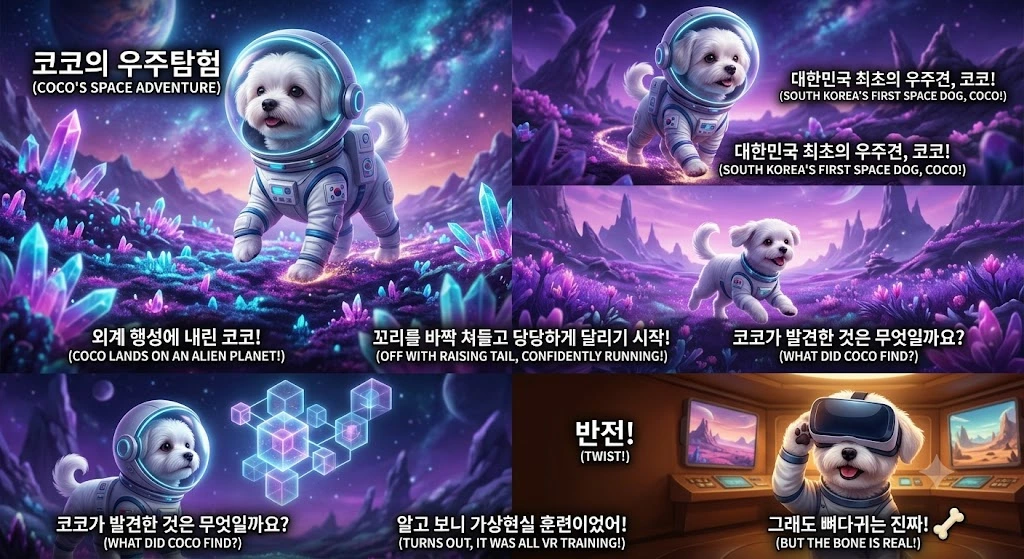 주인공 강아지 '코코'의 30초 우주 탐험 쇼츠 영상 콘티 그리드 이미지. 우주복을 입은 흰색 강아지 코코가 신비로운 외계 행성을 달리다가, VR 헤드셋을 벗으며 우주선 안에서 가상현실 훈련이었음이 밝혀지는 반전 스토리의 컷별 연출 장면 모음.