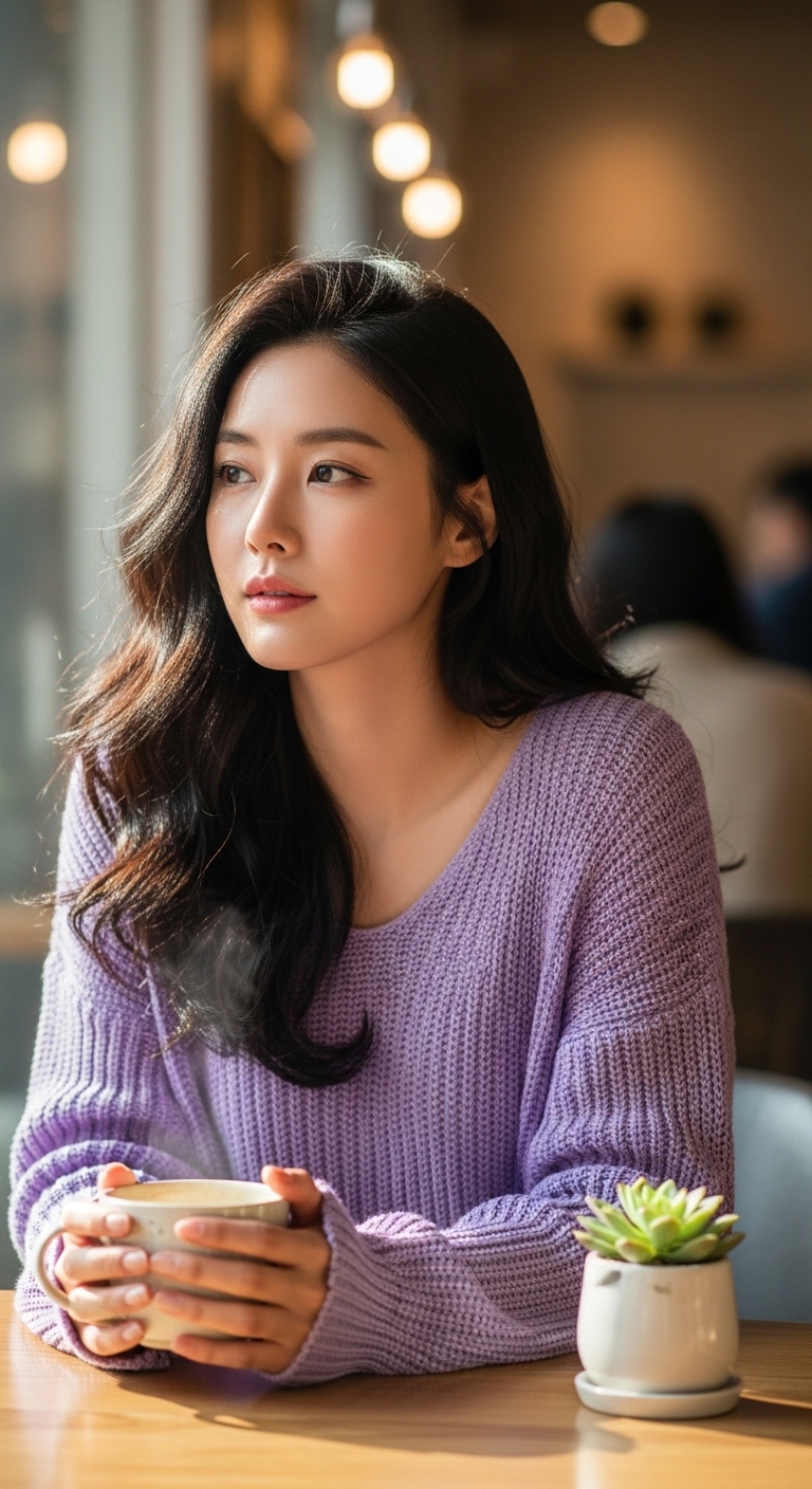 세련된 라벤더 니트를 입고 카페에 앉아 있는 여성의 모습