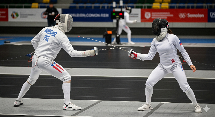 근대5종 선수들이 펜싱 경기 중 마주 보고 있는 모습