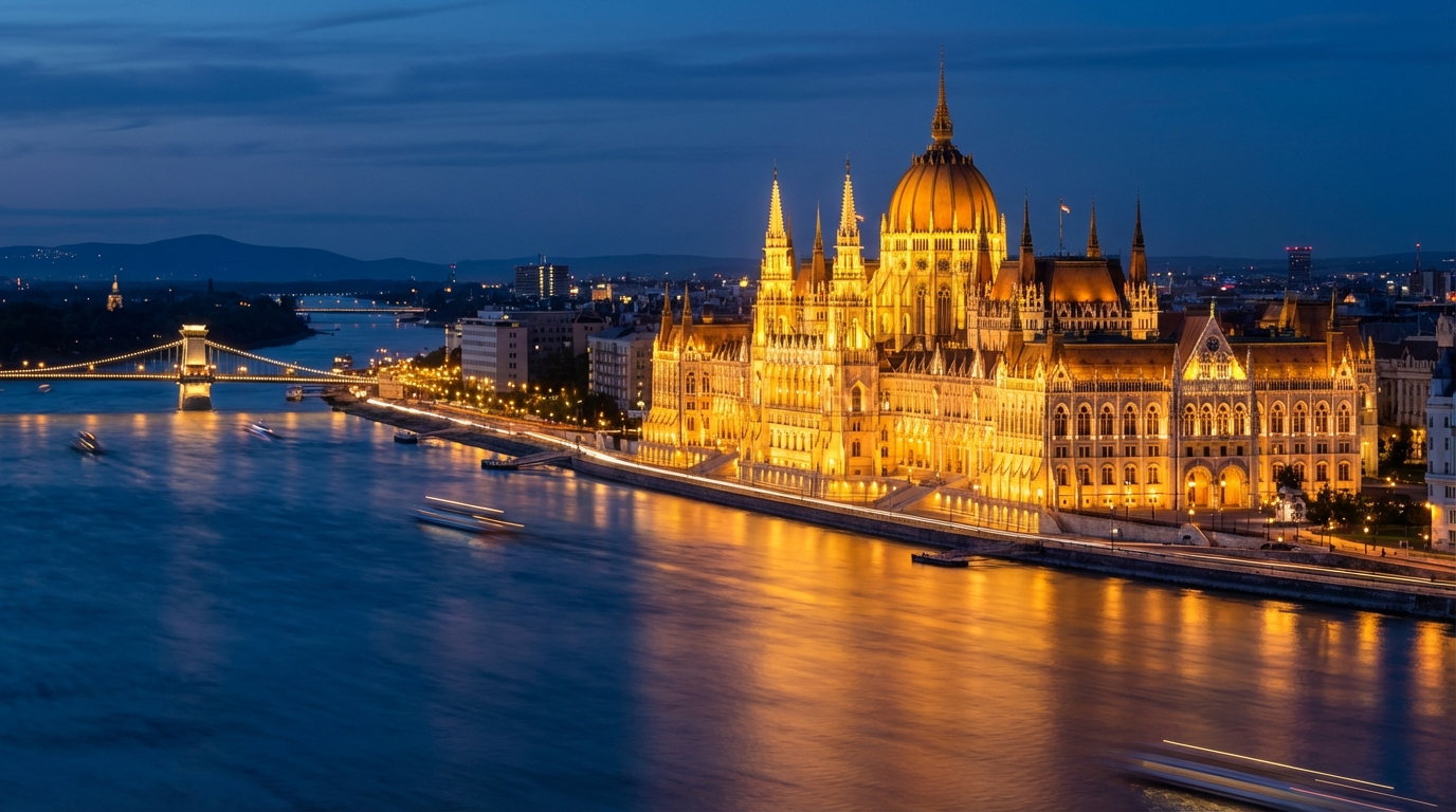 부다페스트 다뉴브강 야경과 국회의사당이 보이는 전경 사진