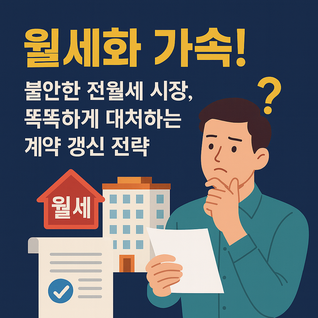 전세의 월세화 가속 문구와 함께 고민하는 남성, 아파트, 월세 아이콘이 있는 부동산 정보형 썸네일 이미지