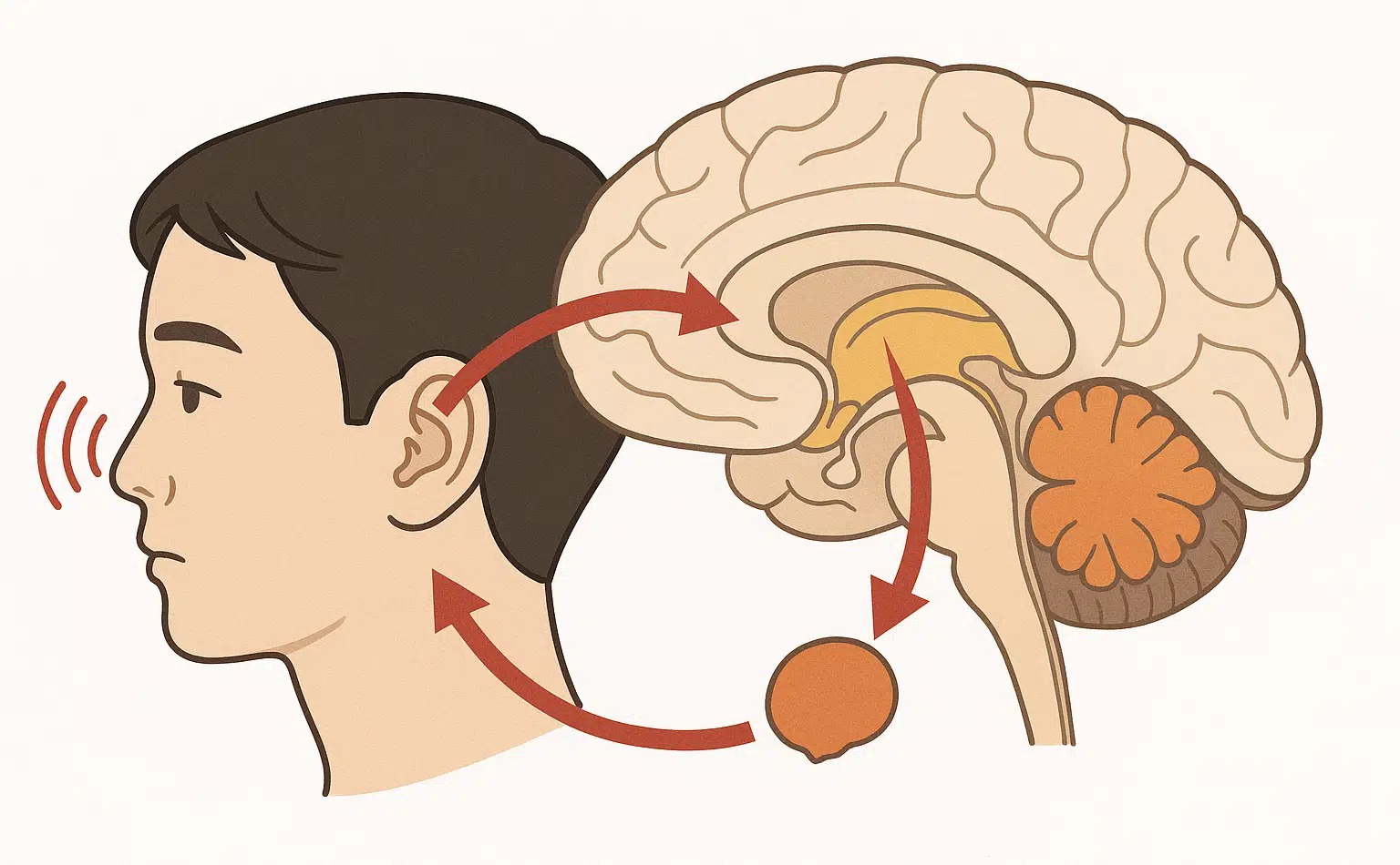 귀에서 들어온 소리가 뇌로 전달되어 청각 피질, 편도체, 자율신경계가 과도하게 반응하는 과정