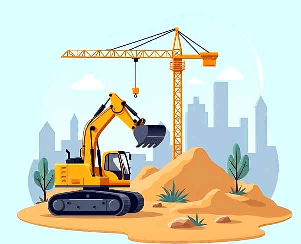 건설현장에서 노란색 크레인이 있고 노란색 포크레인이 모래를 뜨고 있다.