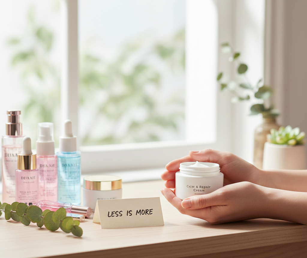 피부 휴식을 위해 복잡한 화장품 단계를 줄이고 순한 보습 하나로 관리하는 미니멀 스킨케어 모습