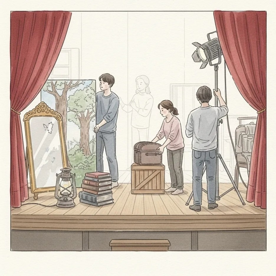 무대 위에 소품들이 섬세하게 놓이는 모습