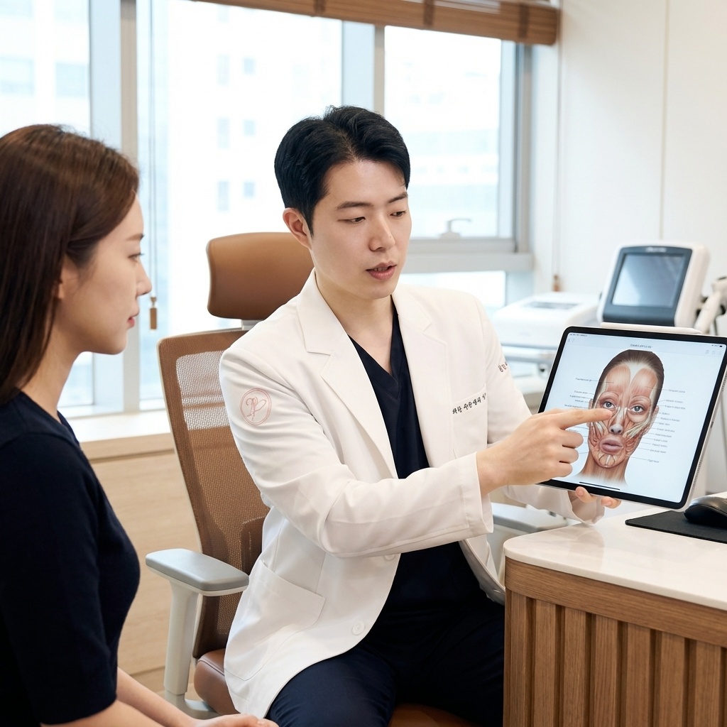 의료진이 환자에게 개인별 맞춤 리니어지 시술 계획을 설명하는 모습