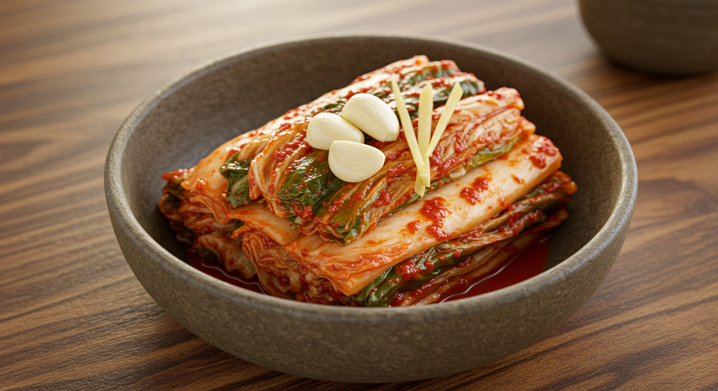 Traditional Korean kimchi in a ceramic bowl ❘ 전통 도자기 그릇에 담긴 한국 김치