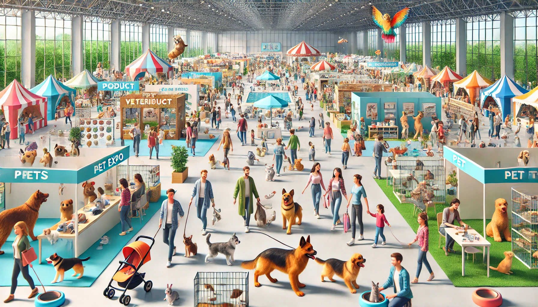 펫 박람회 전경. 사람들이 강아지, 고양이, 토끼, 앵무새 등 다양한 반려동물과 함께 박람회를 즐기고 있다. 전시장에는 펫 용품 부스, 반려동물 건강 상담소, 미용 및 훈련 체험존이 마련되어 활기찬 분위기를 연출한다