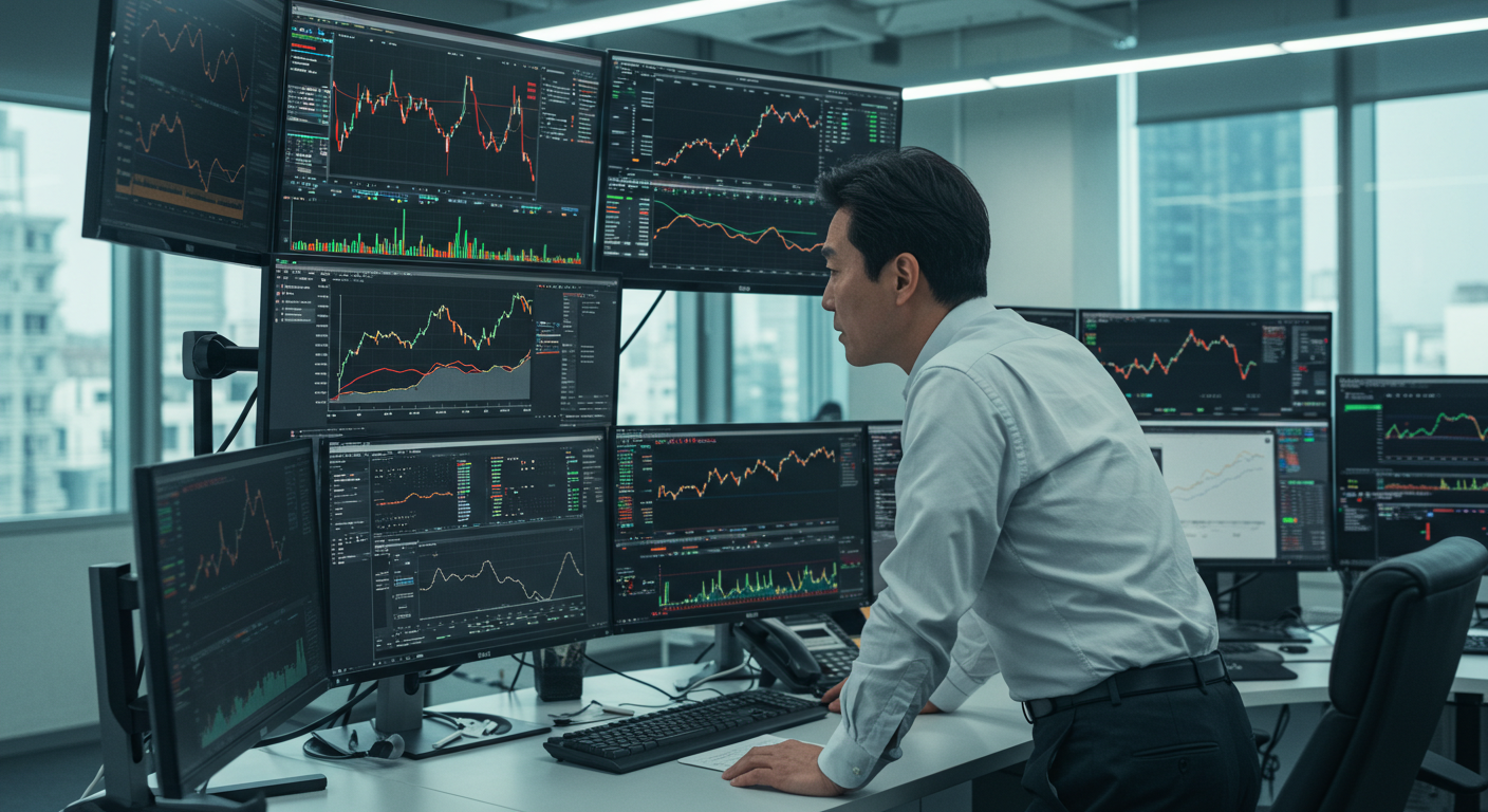 코스피, 나스닥, S&P500 등 지수를 분석 중인 한국 주식 투자자