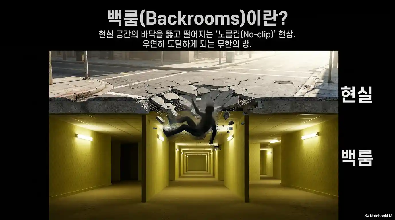 백룸 노클립 개념 인포그래픽 - 현실 공간 바닥 뚫고 노란 방으로 떨어지는 노클립 현상 현실 vs 백룸 비교 도식