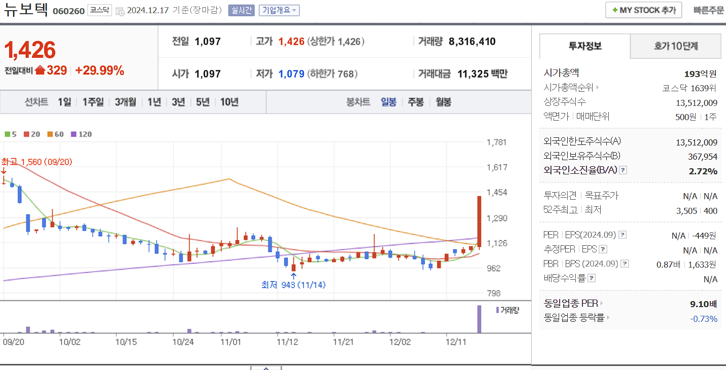 우원식 관련주 뉴보텍 일봉 차트