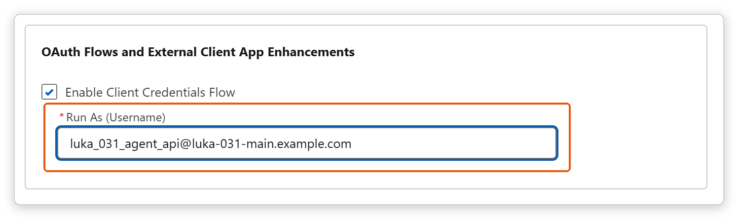 Policies의 Enable Client Credentials Flow 아래 Run As (Username) 칸에 연동 사용자 이름이 들어가 있다