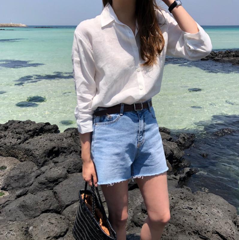 하이웨스트진 찢어진 세미와이드 여성여름청바지 데님팬츠 여자 청 반바지 4부 찢청 연청바지